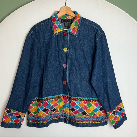 new directions Jackets & Blazers - New Directions Vintage 90s Y2K Denim Jacket Multicolor Print Flower Button Up M